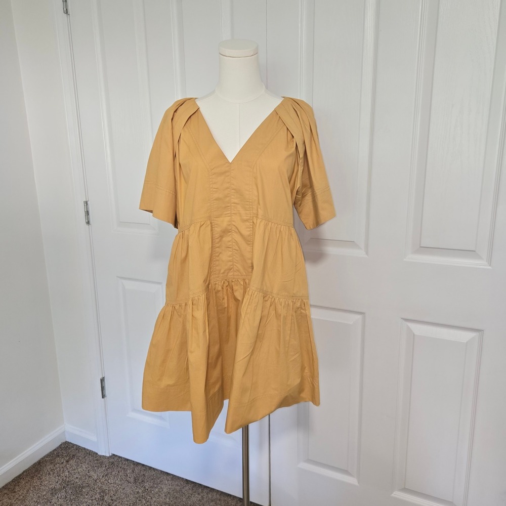 Elan Dress Women Medium‎ Mustard Yellow V-Neck Tiered Ruffle Cotton Mini Pockets